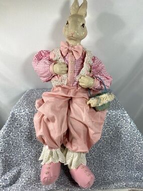 Vintage Easter Bunny Doll Large Sitting 24” Pink Lace House of Lloyd Style Decor
